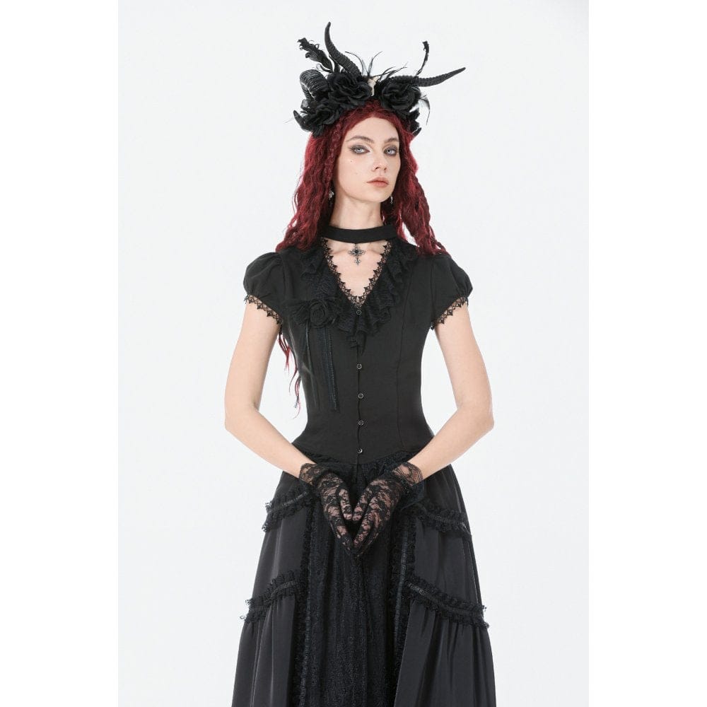 Women's Gothic Rose Ruffled Plunging Short Sleeved Shirt