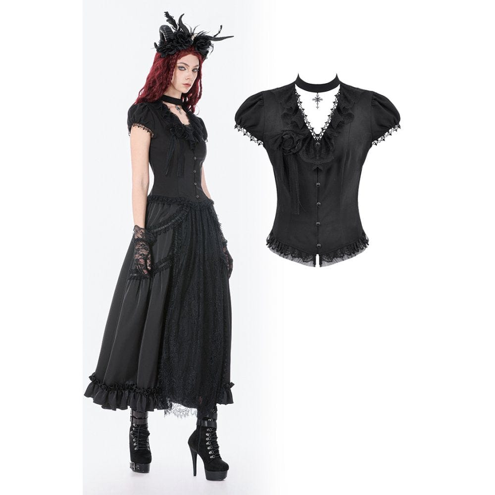 Women's Gothic Rose Ruffled Plunging Short Sleeved Shirt