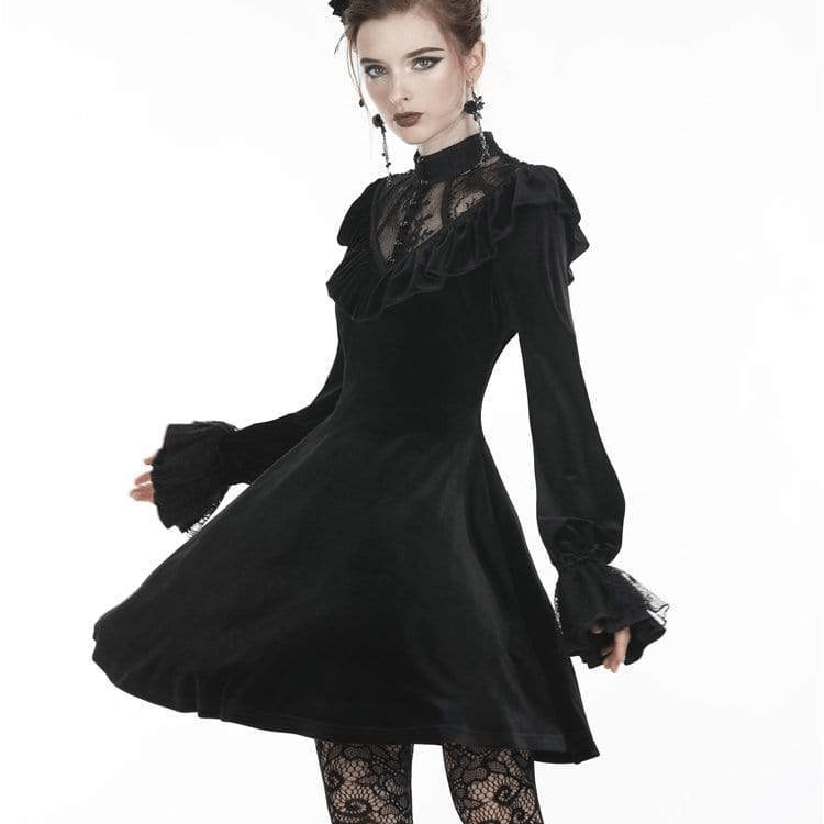 Women's Gothic Ruched Lace V-neck Velvet Dresses