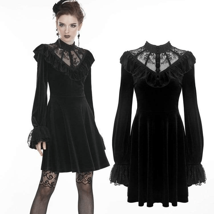 Women's Gothic Ruched Lace V-neck Velvet Dresses