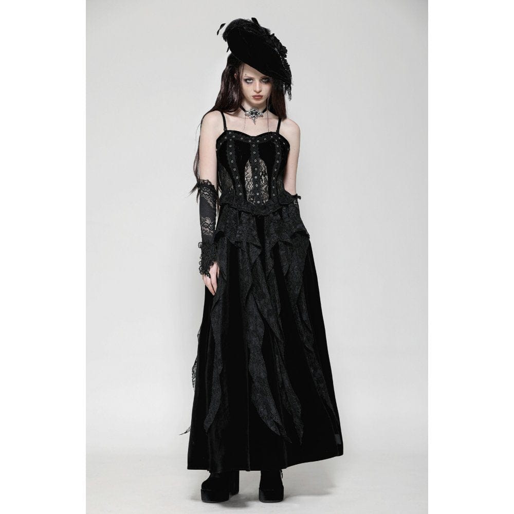 Women's Gothic Ruffled Lace Splice Velvet Corset Slip Dress