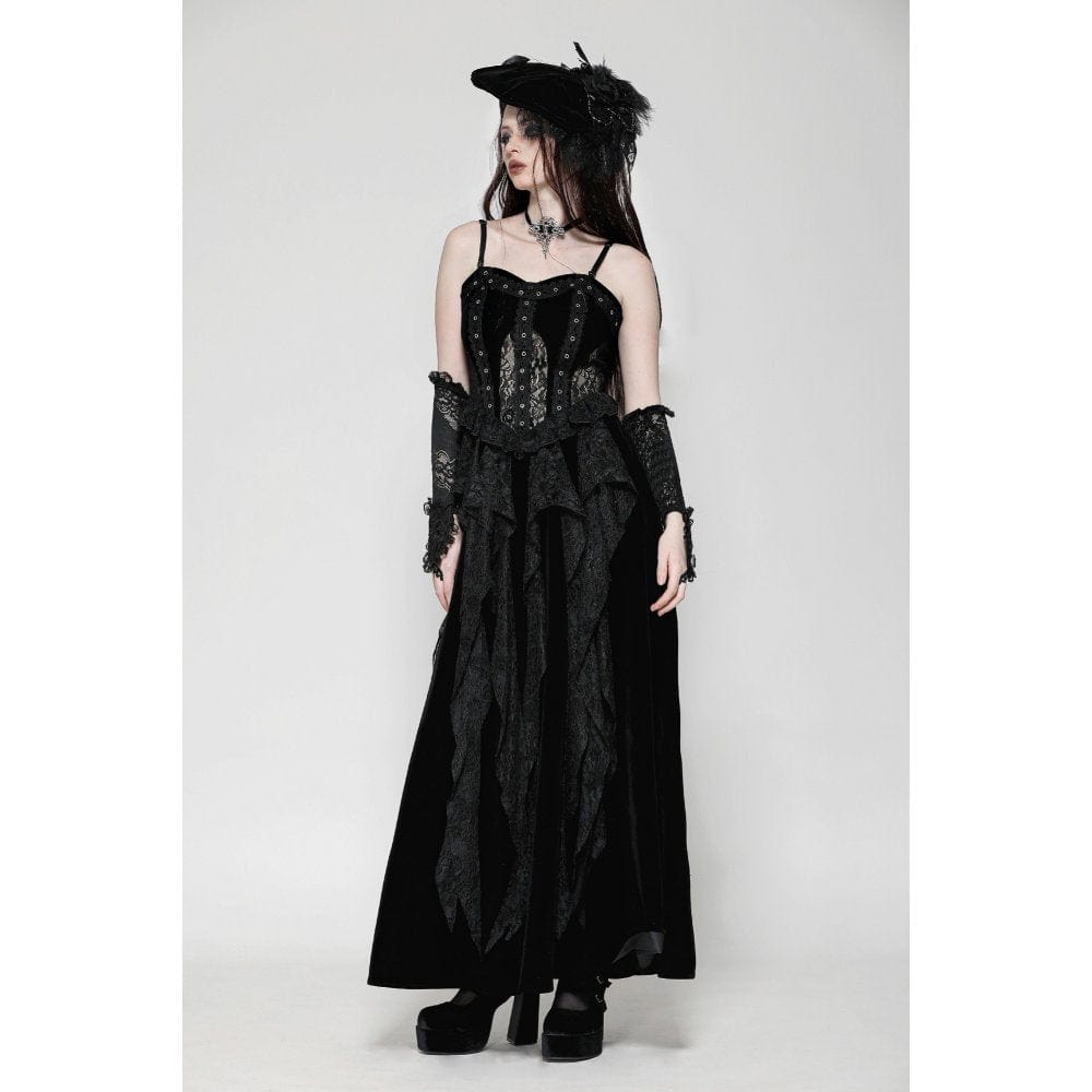 Women's Gothic Ruffled Lace Splice Velvet Corset Slip Dress