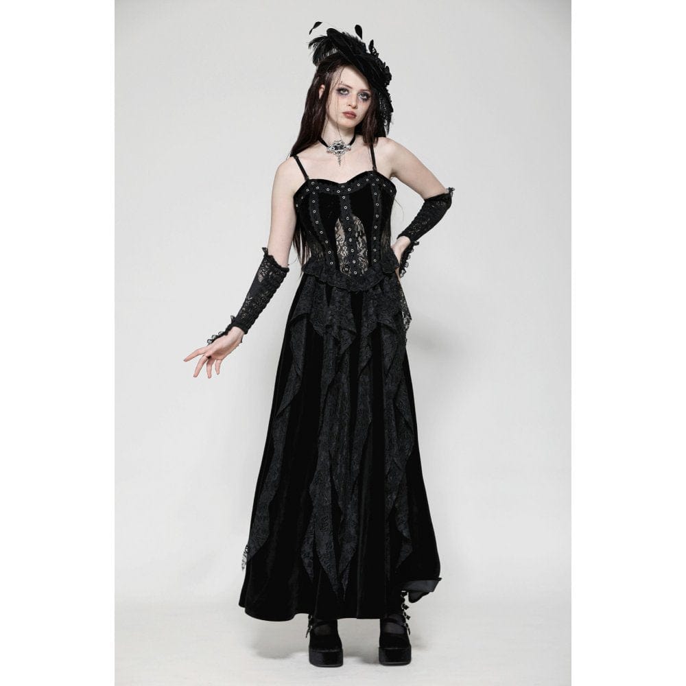 Women's Gothic Ruffled Lace Splice Velvet Corset Slip Dress