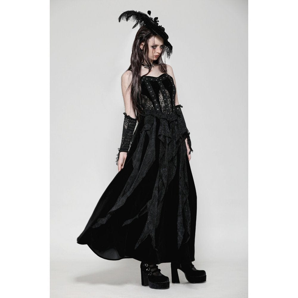 Women's Gothic Ruffled Lace Splice Velvet Corset Slip Dress