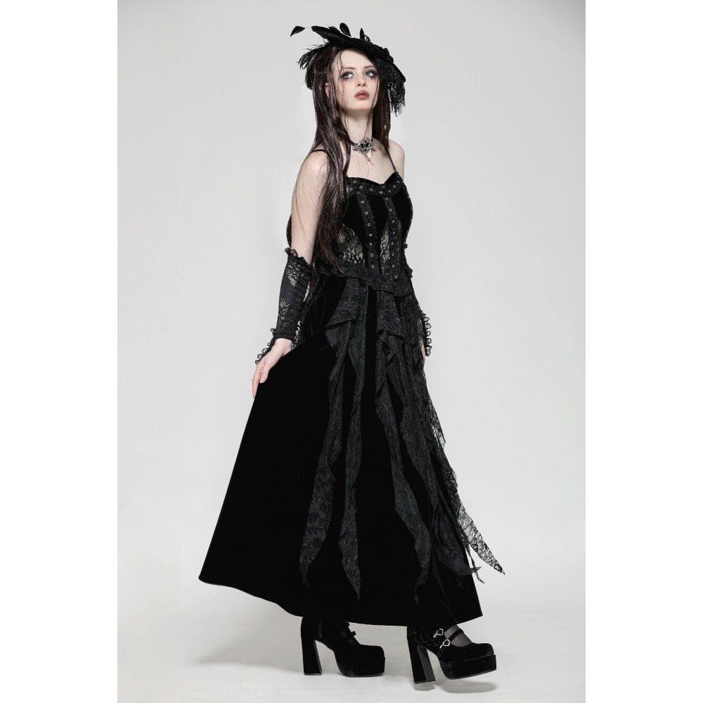 Women's Gothic Ruffled Lace Splice Velvet Corset Slip Dress