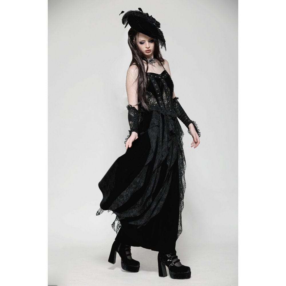 Women's Gothic Ruffled Lace Splice Velvet Corset Slip Dress