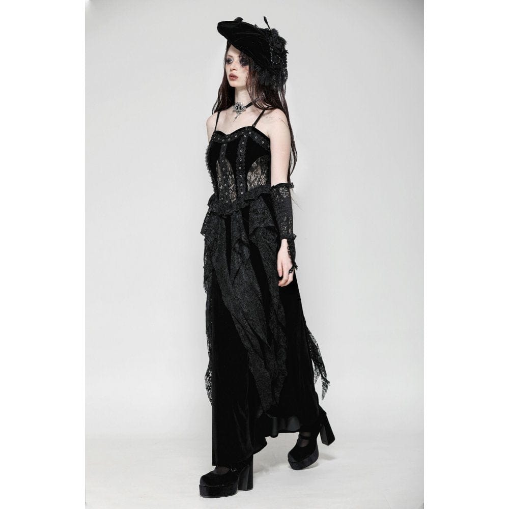Women's Gothic Ruffled Lace Splice Velvet Corset Slip Dress