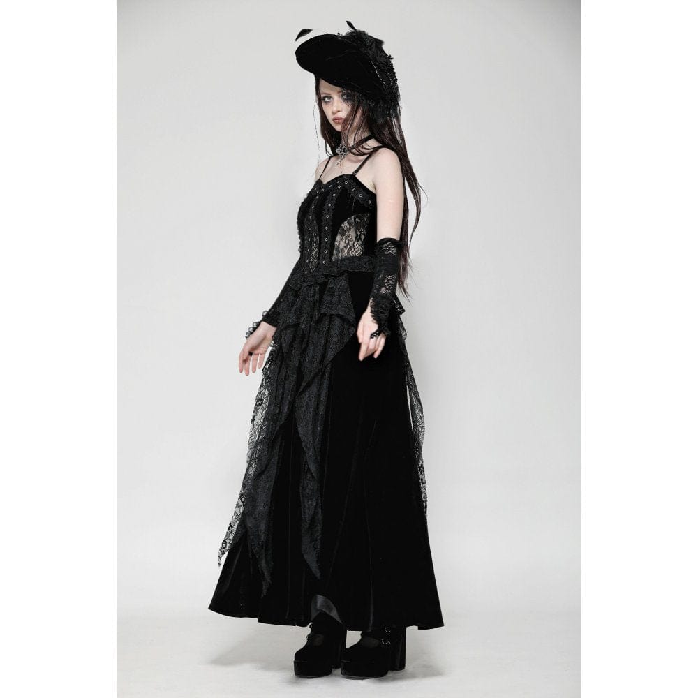 Women's Gothic Ruffled Lace Splice Velvet Corset Slip Dress