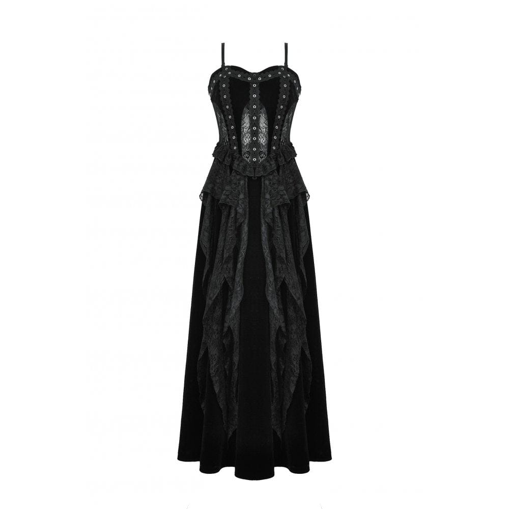 Women's Gothic Ruffled Lace Splice Velvet Corset Slip Dress