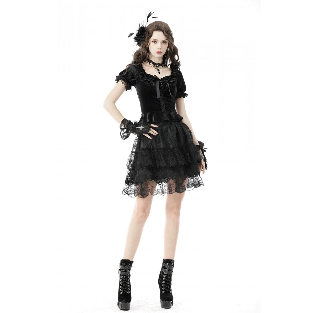 Women's Gothic Square Collar Short Puff Sleeved Velet Top