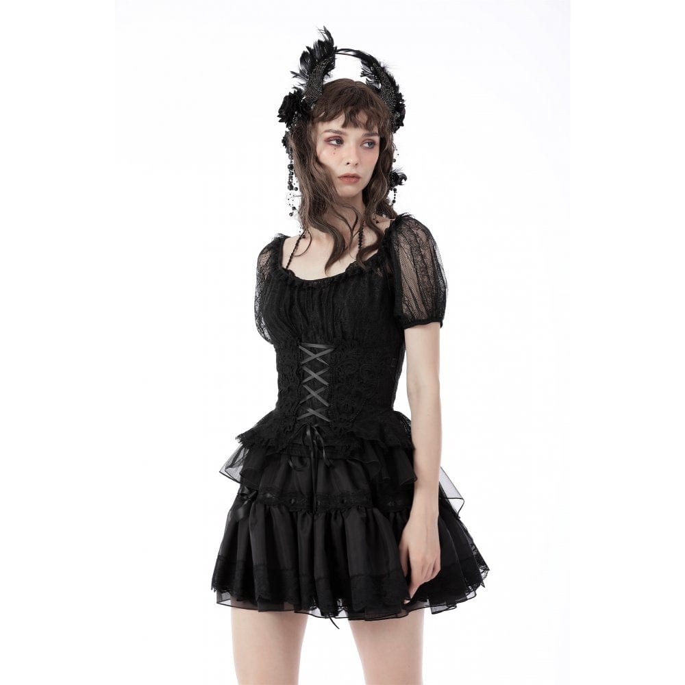 Women's Gothic Swallow Tail Puff Sleeved Lace Top