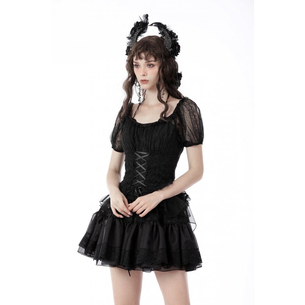 Women's Gothic Swallow Tail Puff Sleeved Lace Top