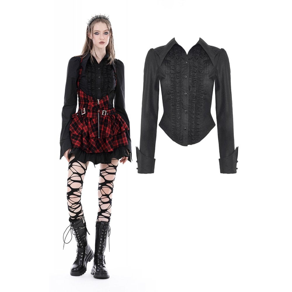 Women's Gothic Turn-down Collar Ruffled Shirt Black