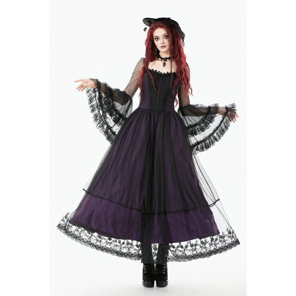 Women's Gothic Violet Square-cut Collar Flared Sleeved Maxi Dress