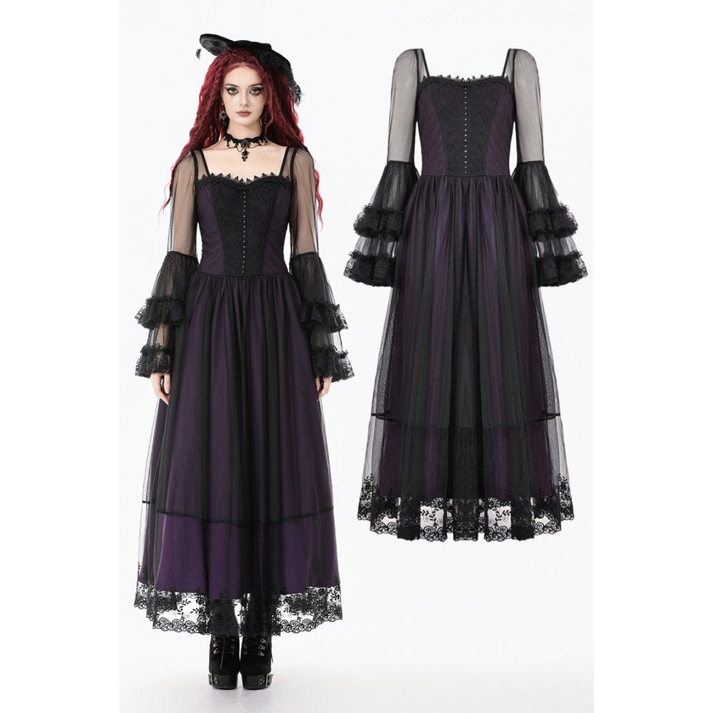 Women's Gothic Violet Square-cut Collar Flared Sleeved Maxi Dress