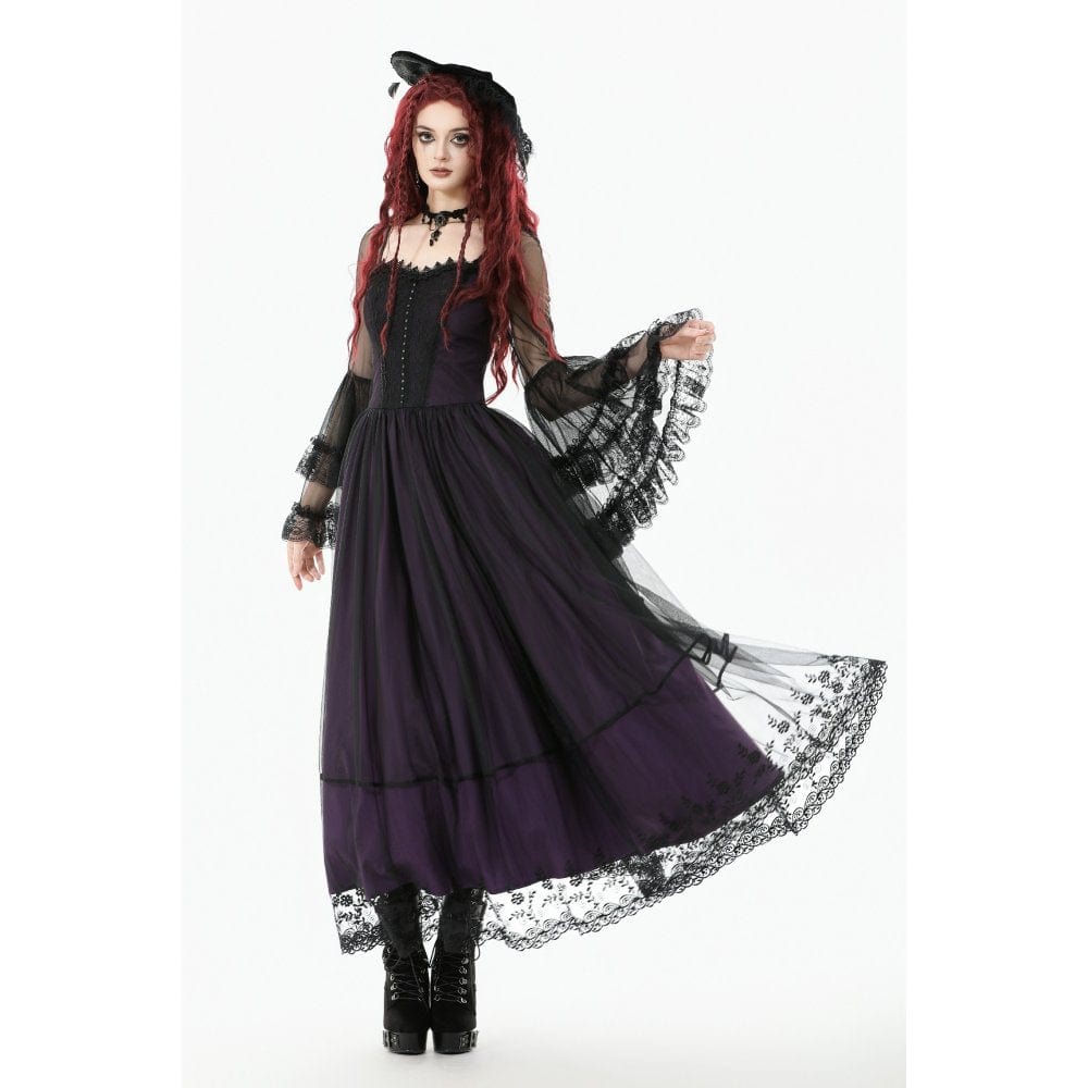 Women's Gothic Violet Square-cut Collar Flared Sleeved Maxi Dress