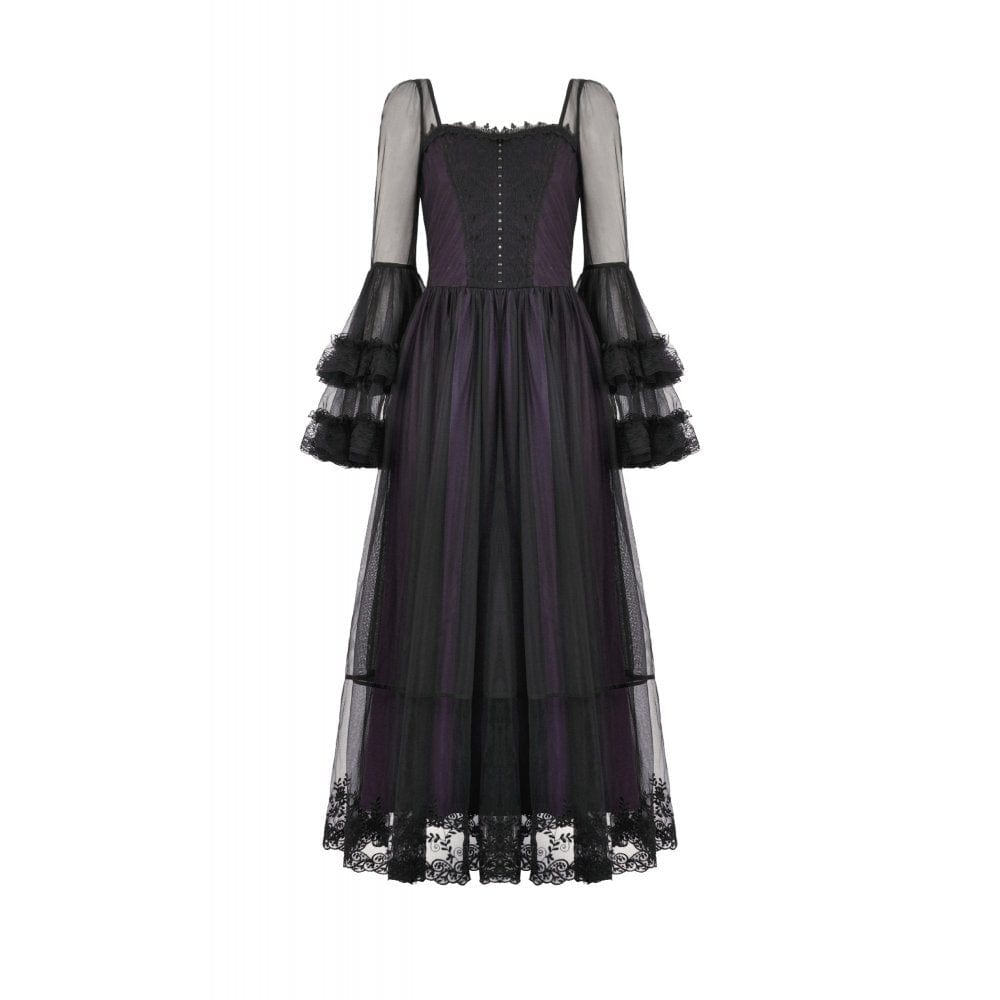 Women's Gothic Violet Square-cut Collar Flared Sleeved Maxi Dress