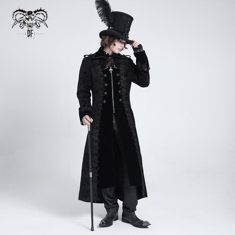 Men's Gothic Lapel Collar Embroidered Velvet Coat Black