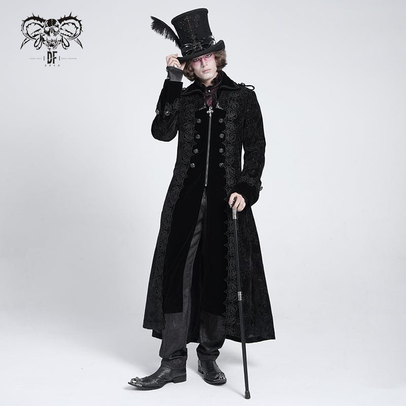 Men's Gothic Lapel Collar Embroidered Velvet Coat Black
