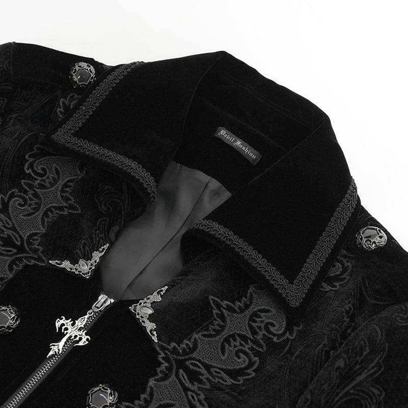 Men's Gothic Lapel Collar Embroidered Velvet Coat Black