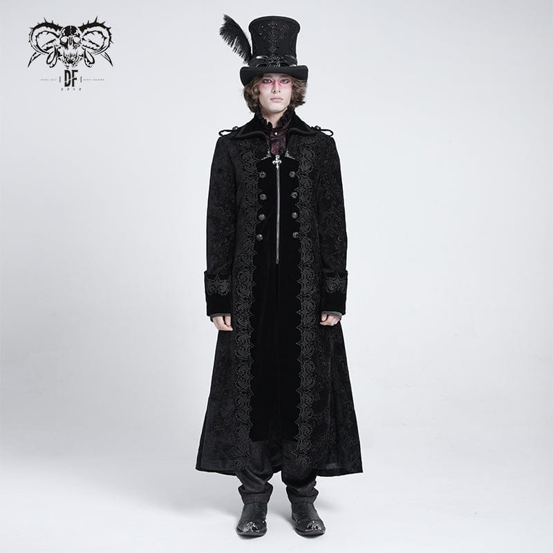 Men's Gothic Lapel Collar Embroidered Velvet Coat Black