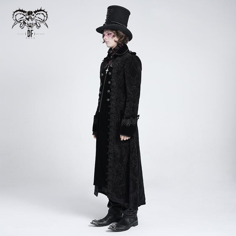 Men's Gothic Lapel Collar Embroidered Velvet Coat Black