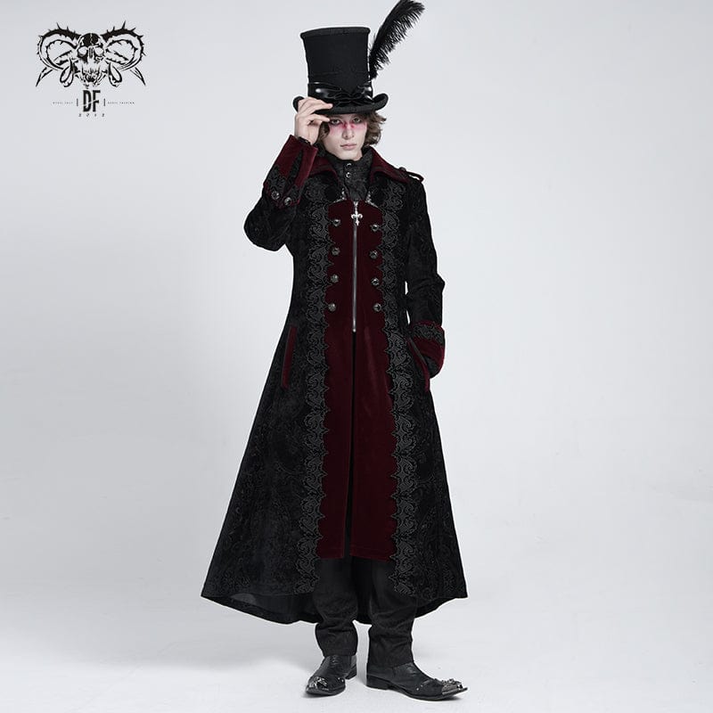 Men's Gothic Lapel Collar Embroidered Velvet Coat Red