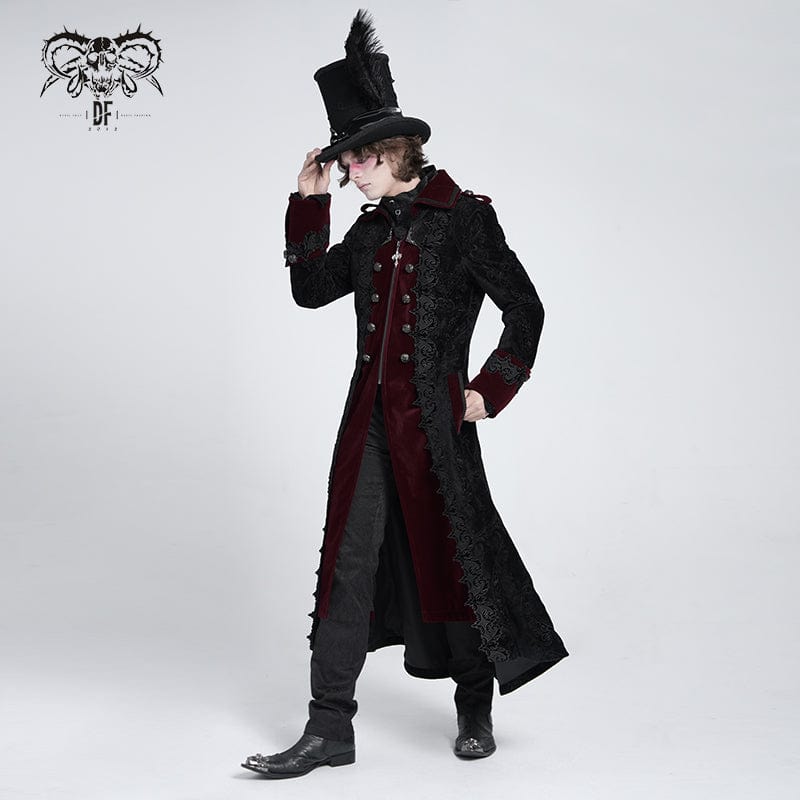 Men's Gothic Lapel Collar Embroidered Velvet Coat Red