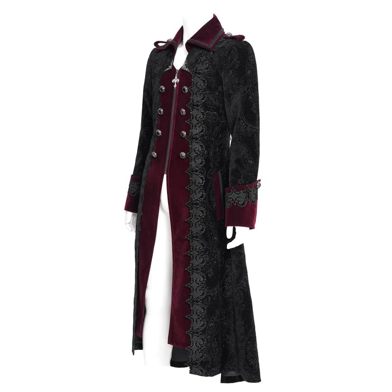 Men's Gothic Lapel Collar Embroidered Velvet Coat Red