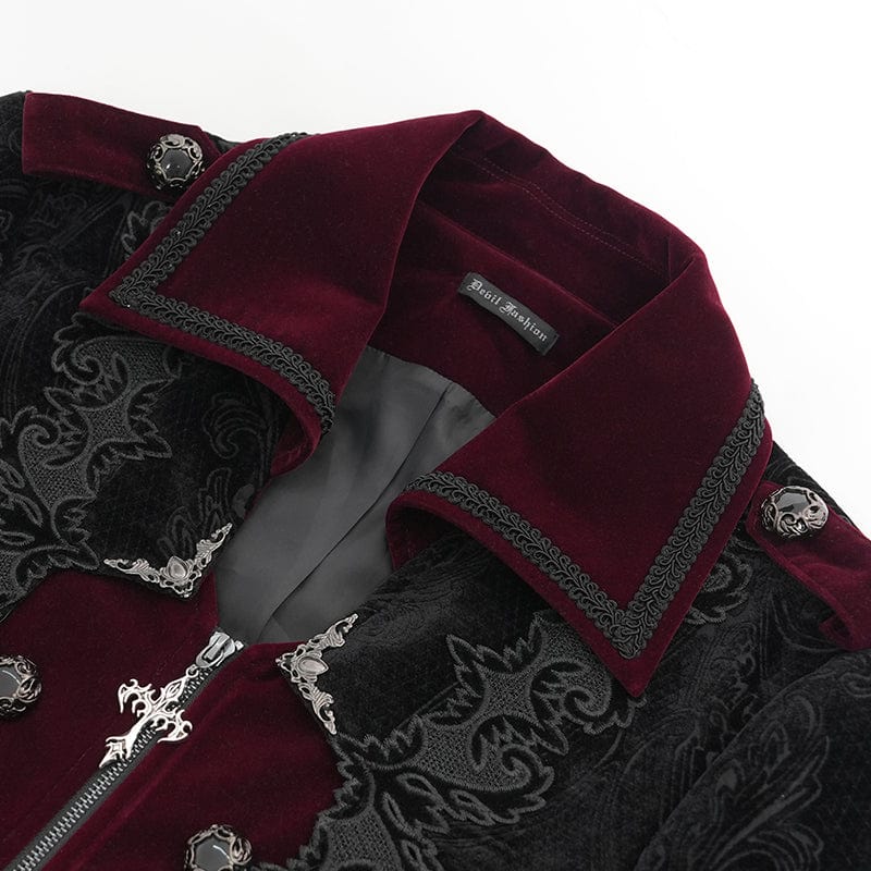 Men's Gothic Lapel Collar Embroidered Velvet Coat Red
