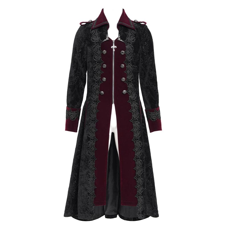 Men's Gothic Lapel Collar Embroidered Velvet Coat Red