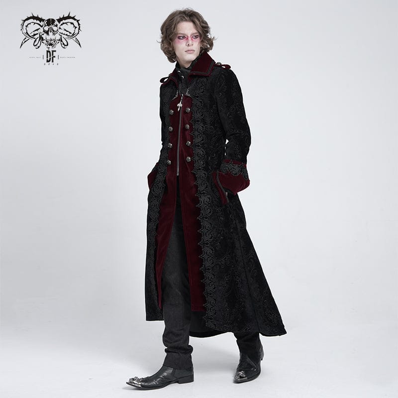 Men's Gothic Lapel Collar Embroidered Velvet Coat Red