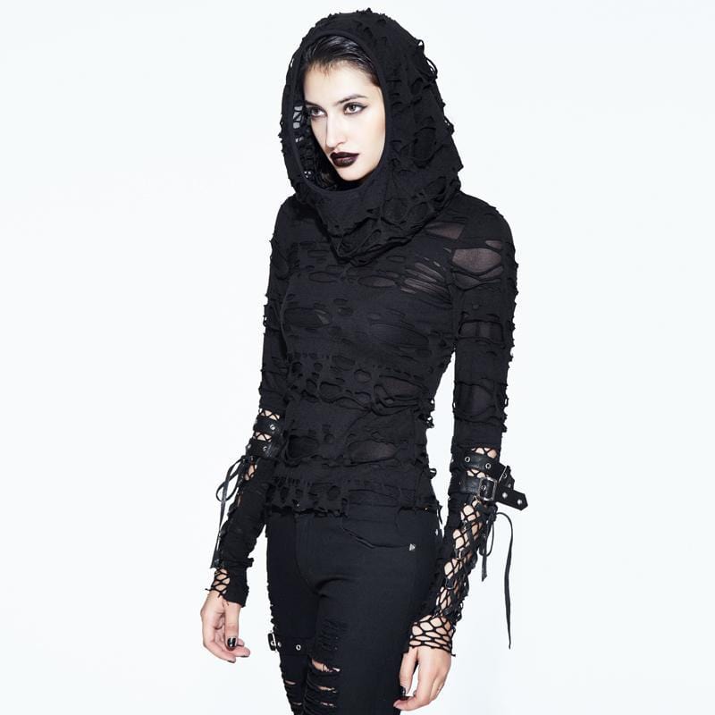 Women's Distressed Hooded Punk Goth Top
