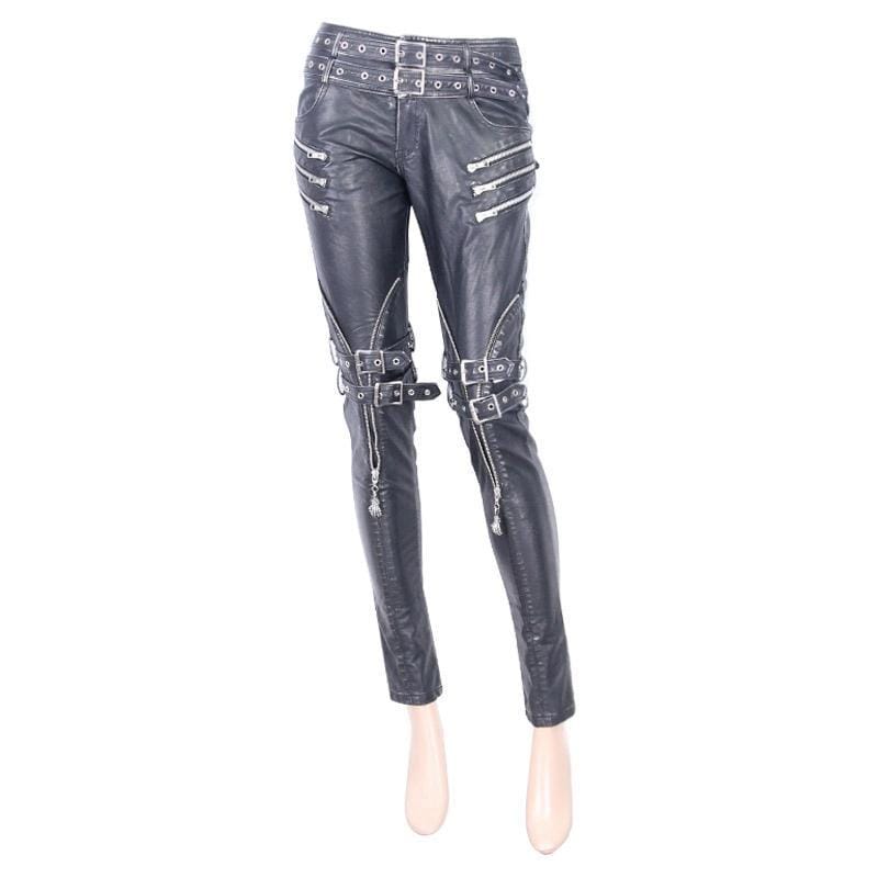 Women's Faux Leather Goth Skinny Pants With Three Zippered Pockets