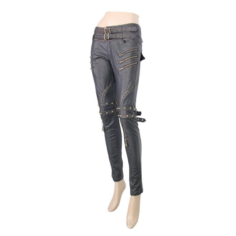 Women's Faux Leather Goth Skinny Pants With Three Zippered Pockets