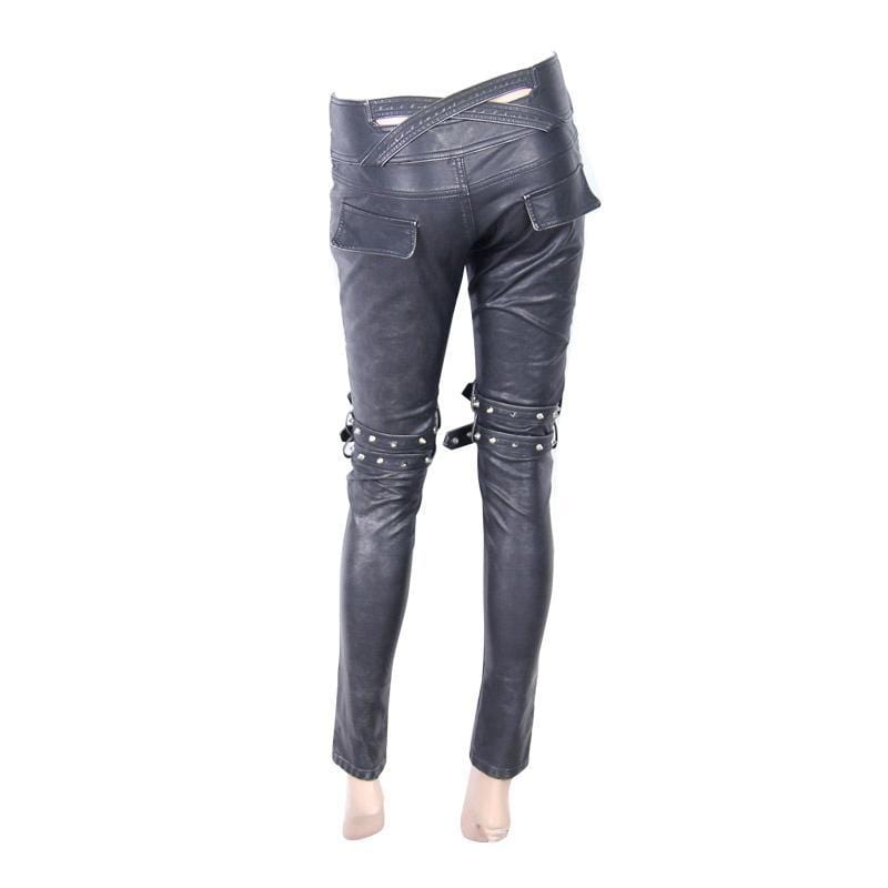 Women's Faux Leather Goth Skinny Pants With Three Zippered Pockets