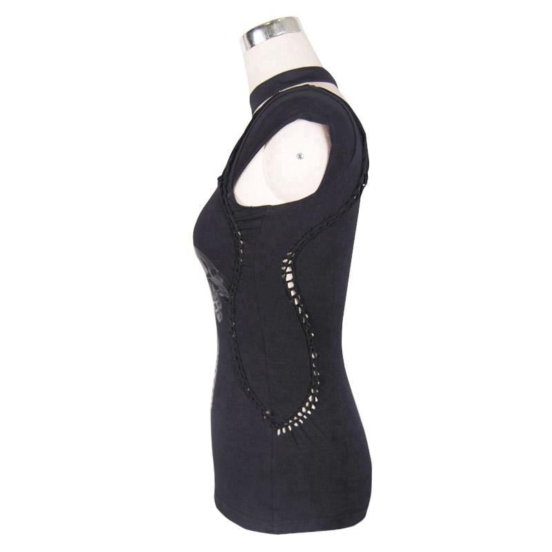 Women's Goth Asymmetric T-Shirt With Skeleton Design
