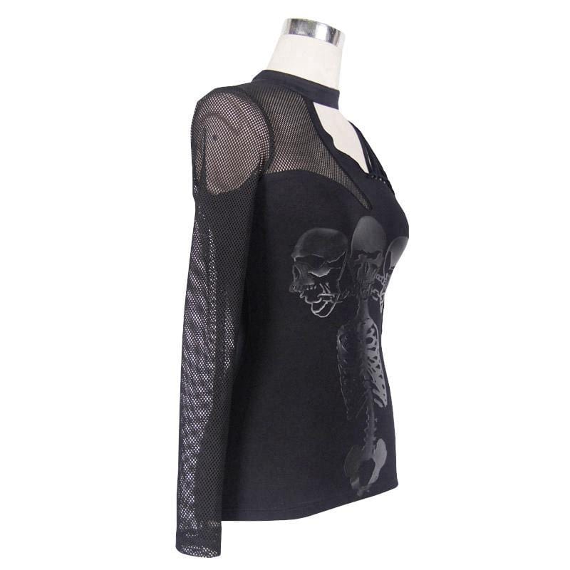 Women's Goth Asymmetric T-Shirt With Skeleton Design
