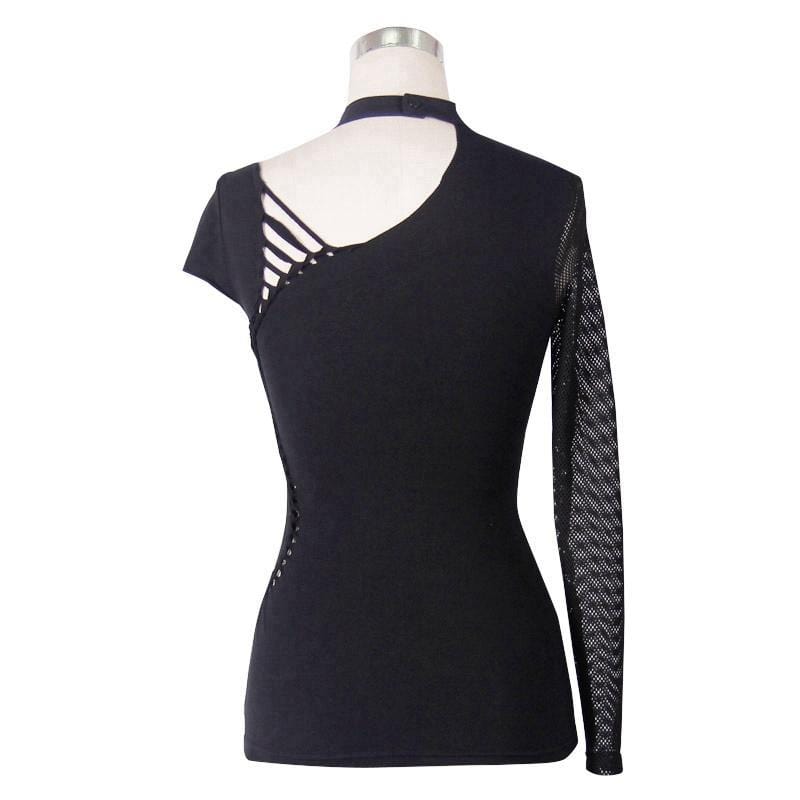 Women's Goth Asymmetric T-Shirt With Skeleton Design