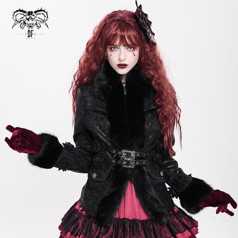 Women's Gothic Buckle Strap Rose Floral Embroidered Coat