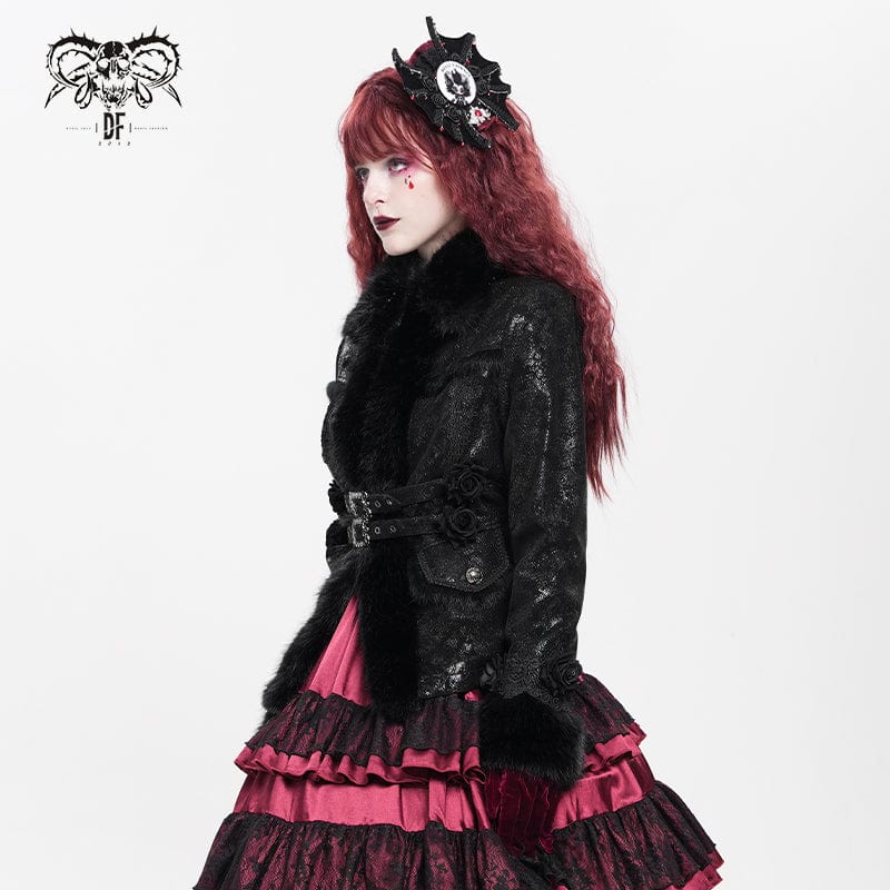 Women's Gothic Buckle Strap Rose Floral Embroidered Coat