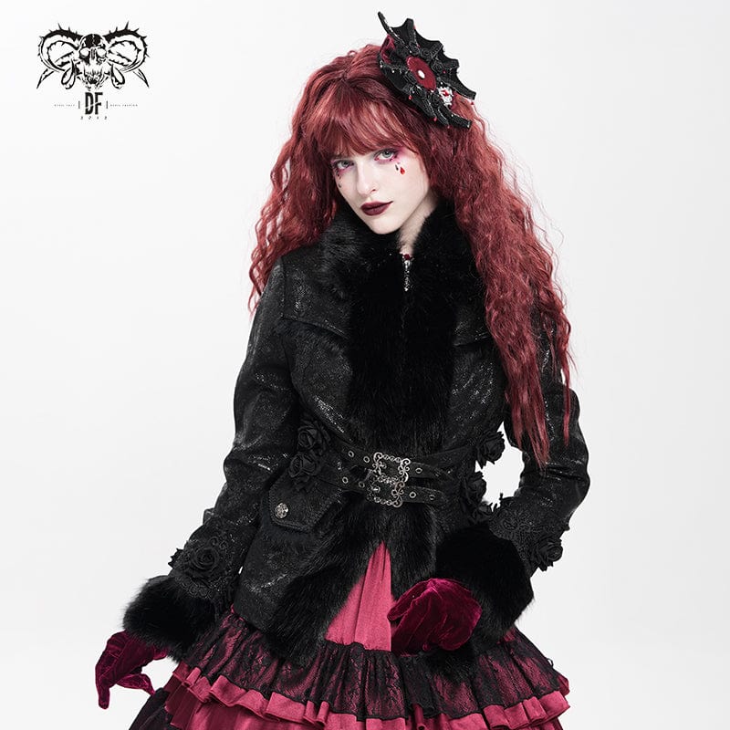 Women's Gothic Buckle Strap Rose Floral Embroidered Coat