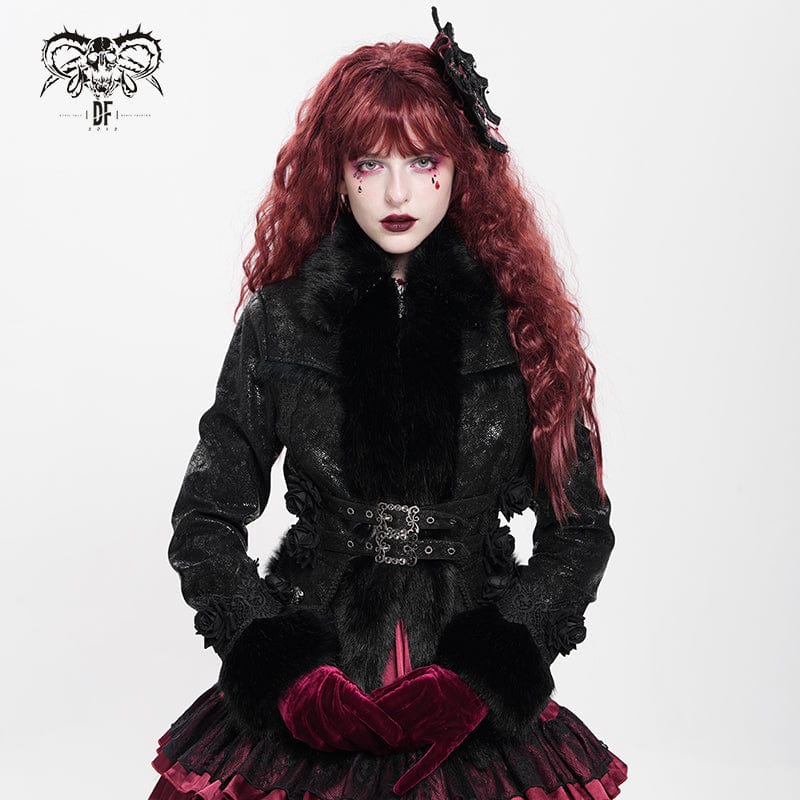 Women's Gothic Buckle Strap Rose Floral Embroidered Coat