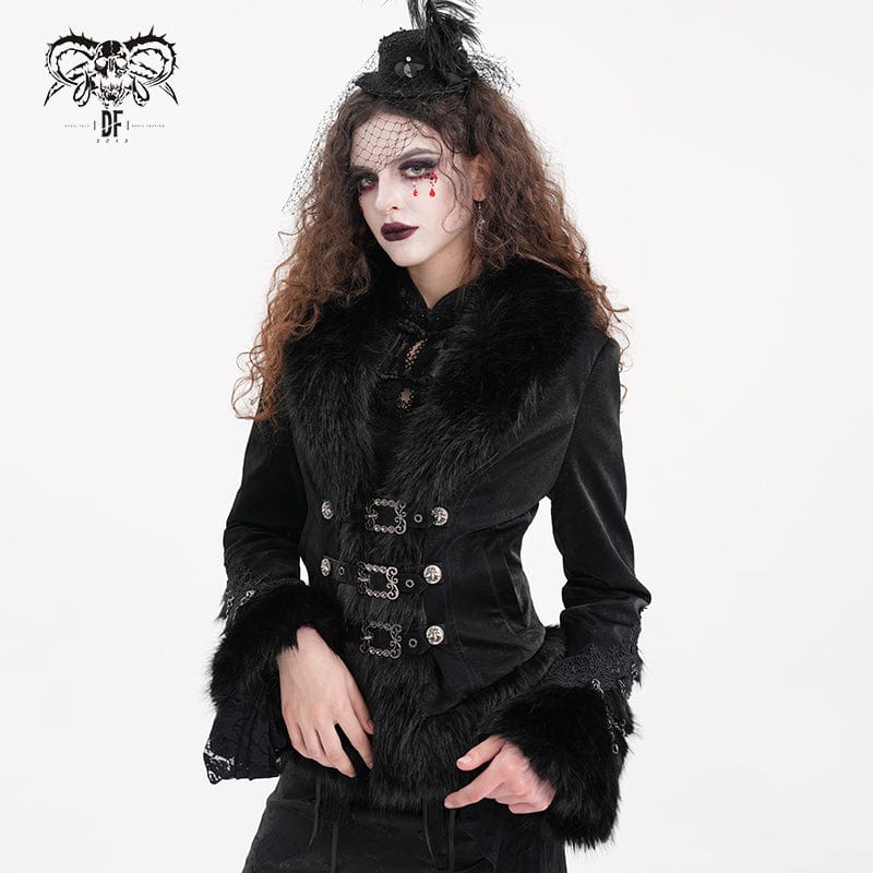 Women's Gothic Faux Fur Bucket-up Chain Jacket