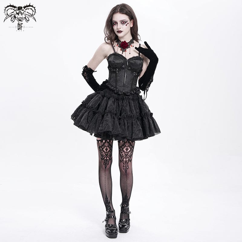Women's Gothic Floral Embroidered Ruffled Lace-up Tank Top Black