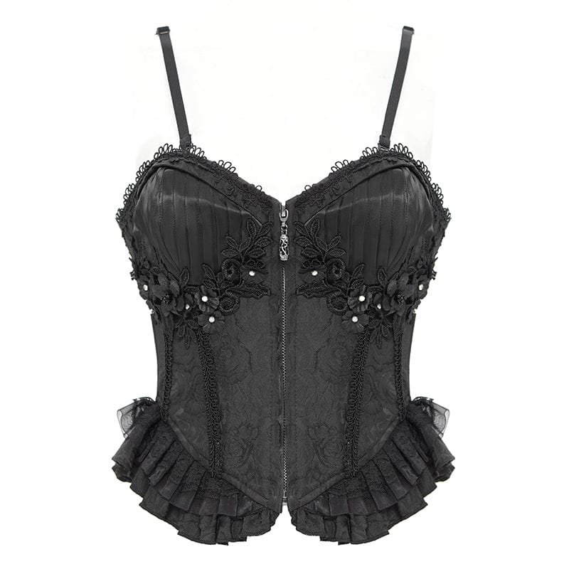 Women's Gothic Floral Embroidered Ruffled Lace-up Tank Top Black