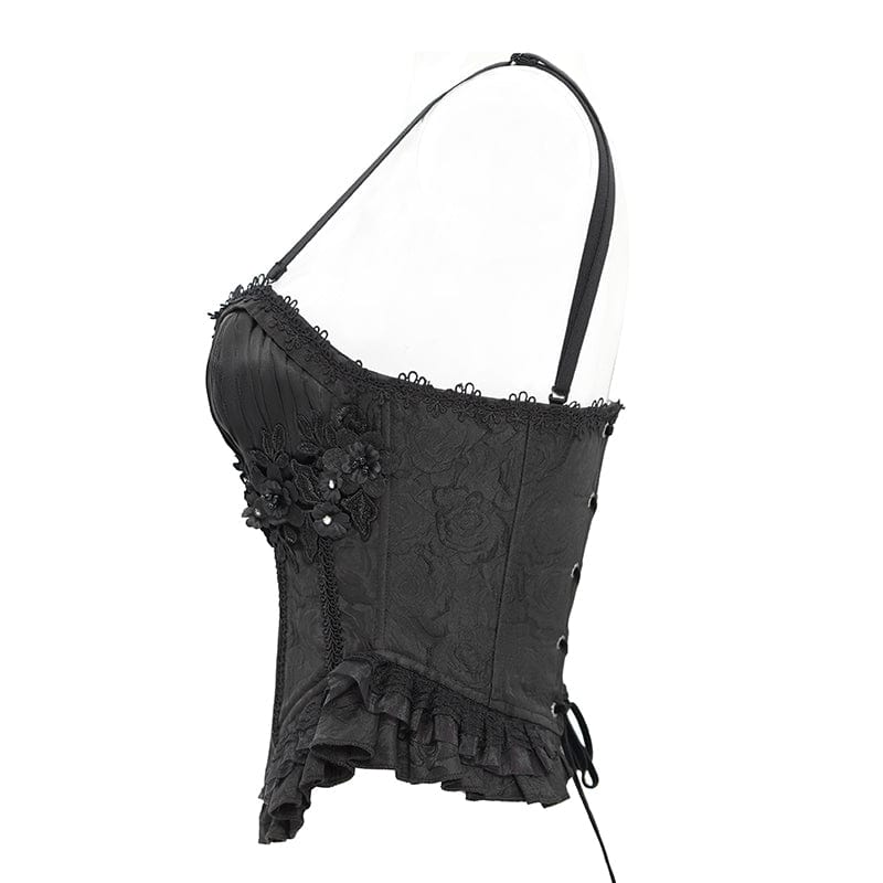 Women's Gothic Floral Embroidered Ruffled Lace-up Tank Top Black
