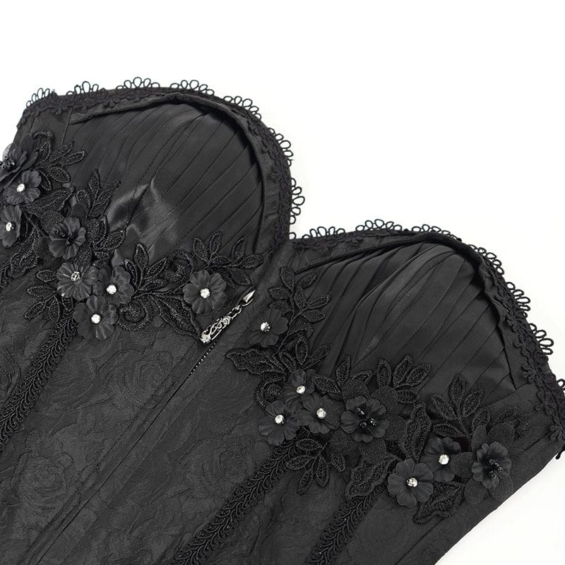 Women's Gothic Floral Embroidered Ruffled Lace-up Tank Top Black