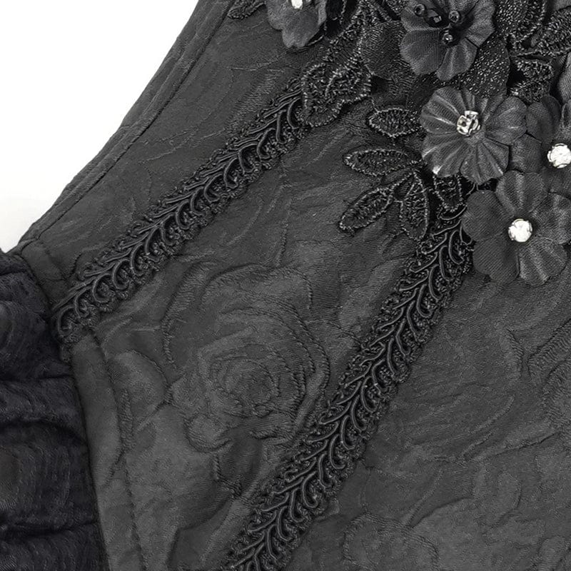 Women's Gothic Floral Embroidered Ruffled Lace-up Tank Top Black