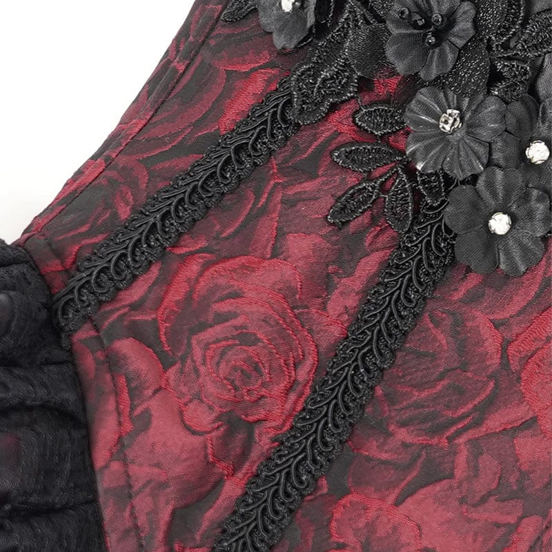 Women's Gothic Floral Embroidered Ruffled Lace-up Tank Top Red
